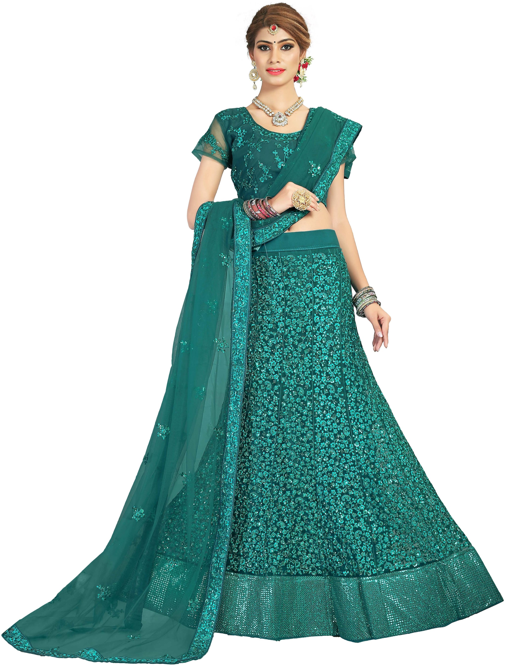 

Anvith Women Net Embroidered Green Lehenga Choli