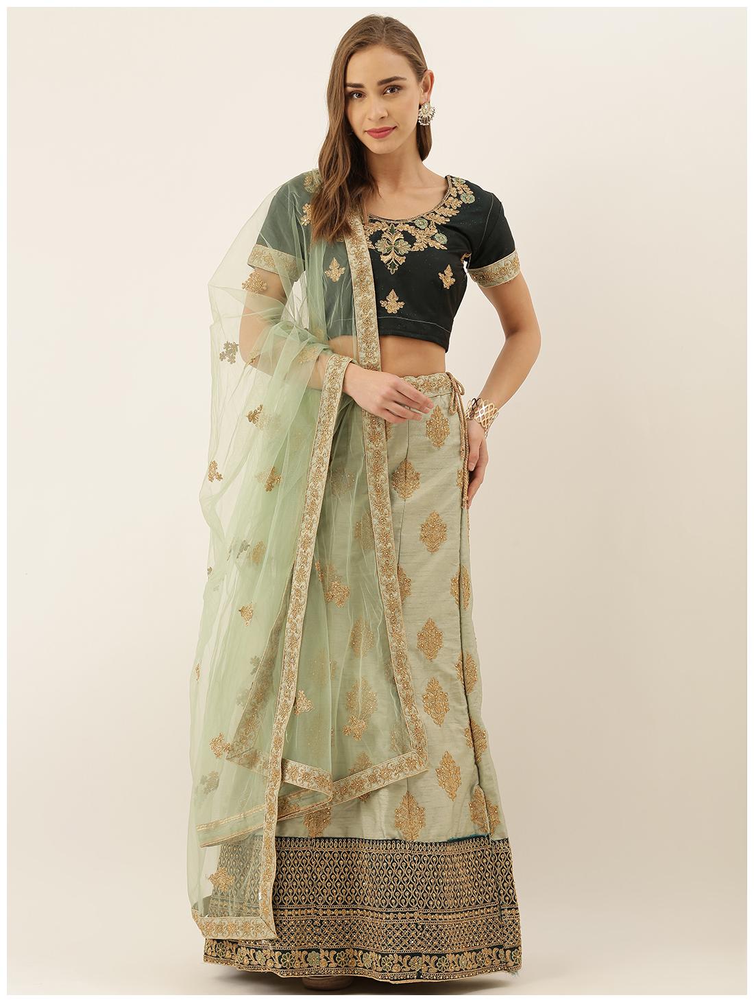 

Anvith Women Silk Embroidered Green Lehenga Choli