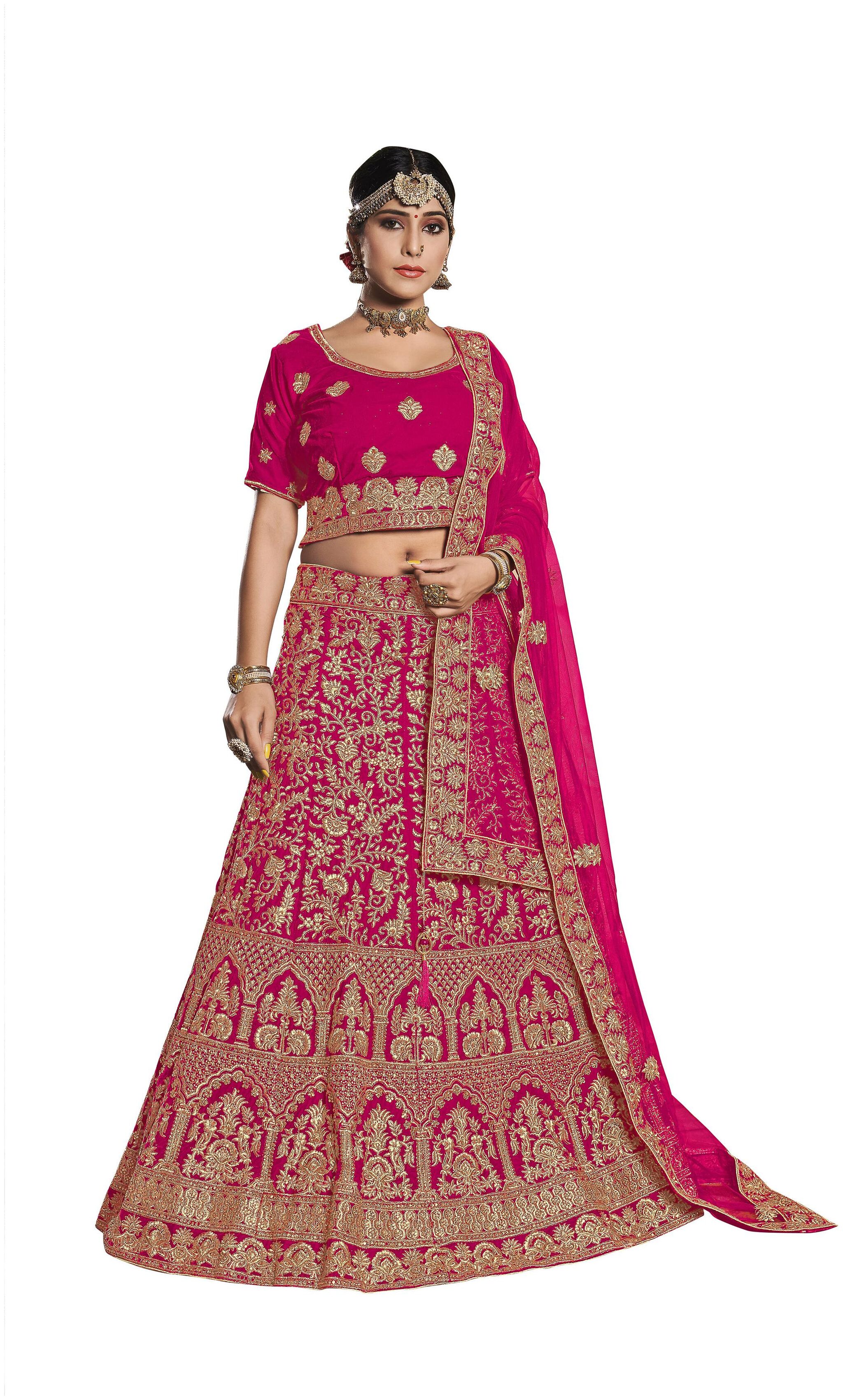 

Anvith Women Velvet Embroidered Pink Lehenga Choli