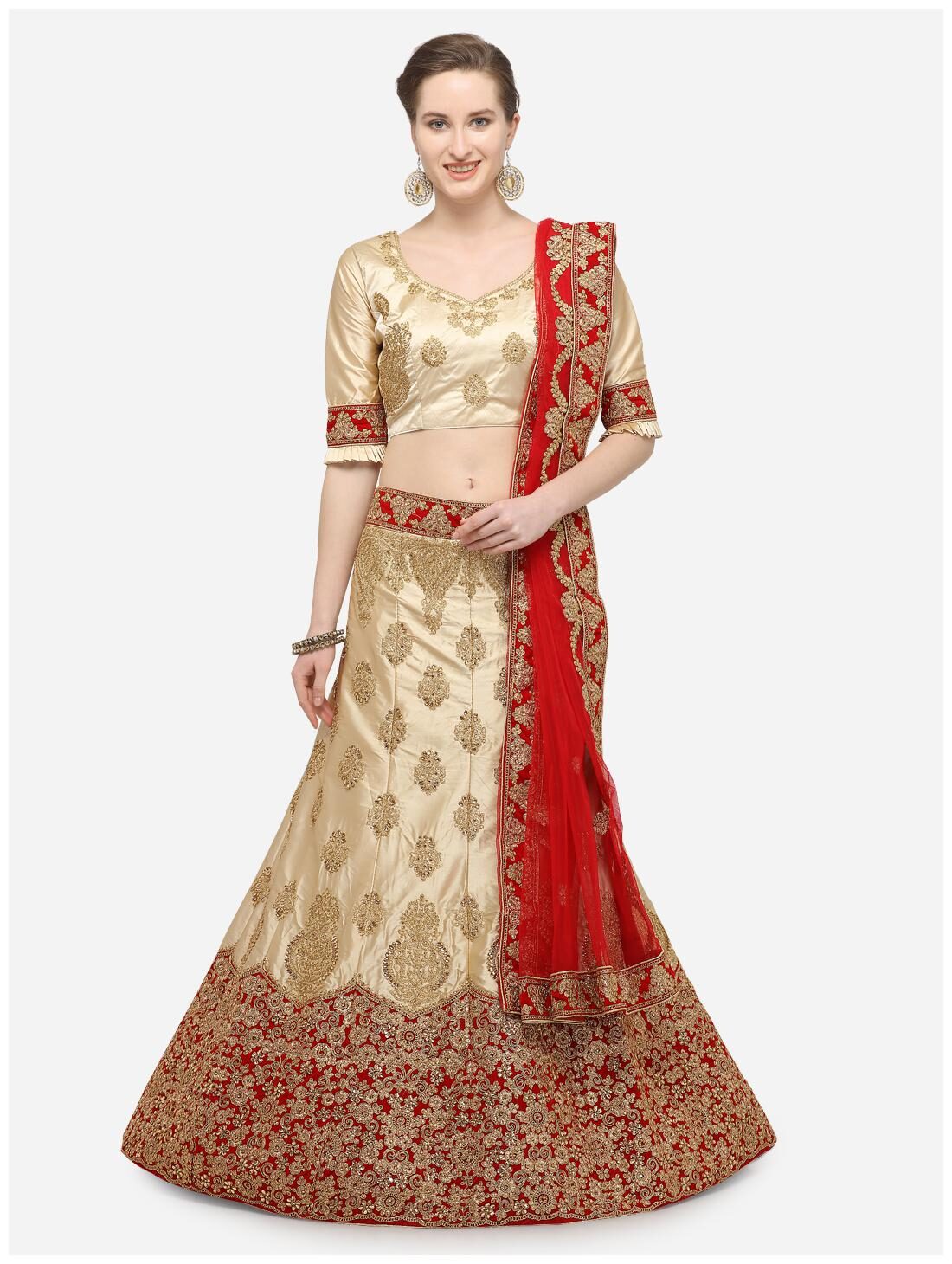 

Anvith Women Satin Embroidered Beige Lehenga Choli