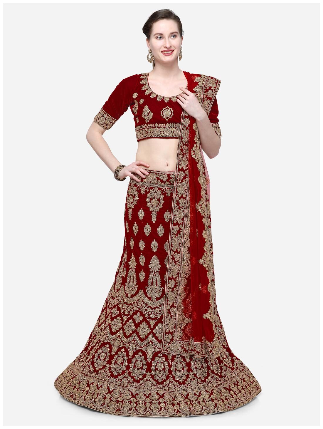 

Anvith Women Velvet Embroidered Maroon Lehenga Choli