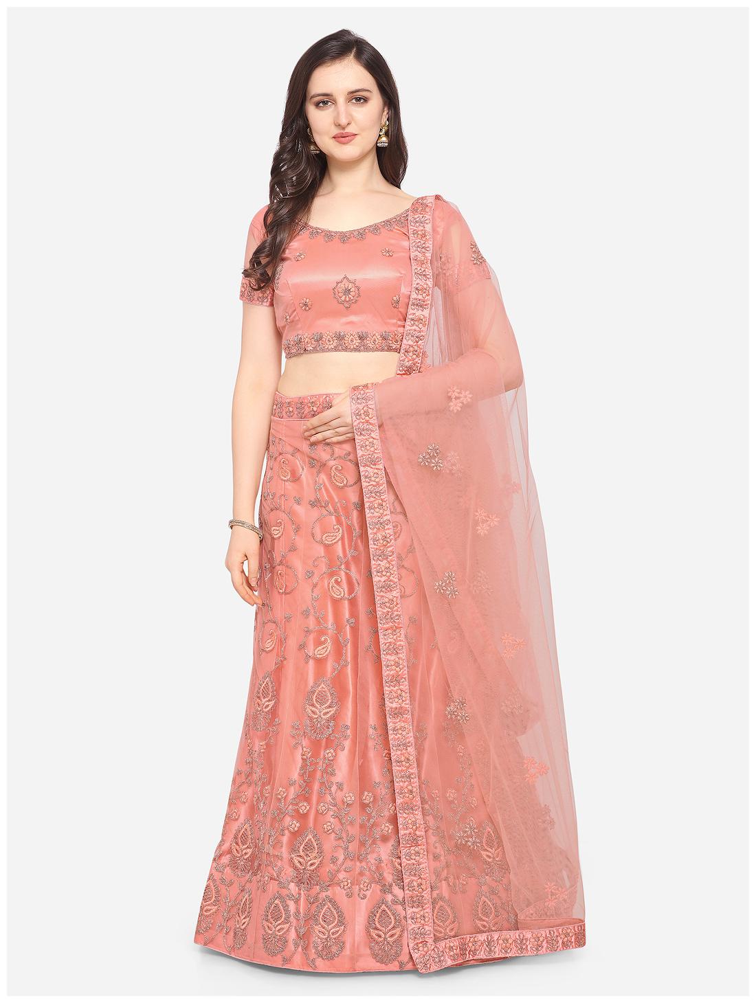 

Anvith Women Net Embroidered Peach Lehenga Choli