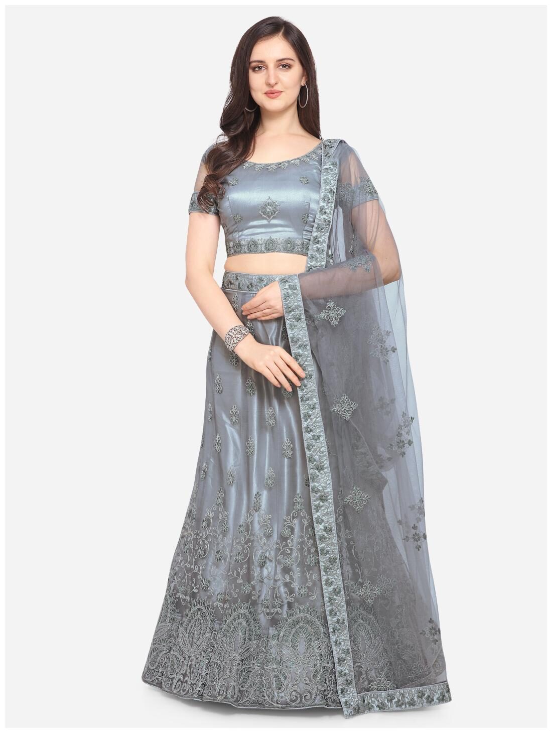 

Anvith Women Net Embroidered Grey Lehenga Choli