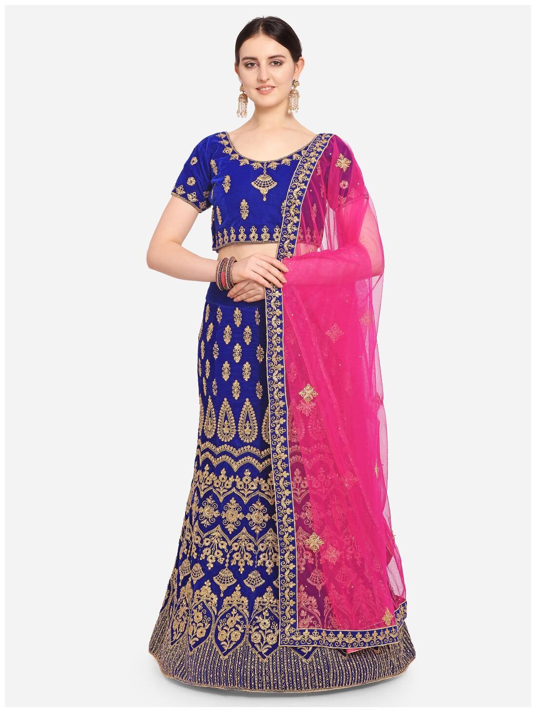 

Anvith Women Velvet Embroidered Blue Lehenga Choli