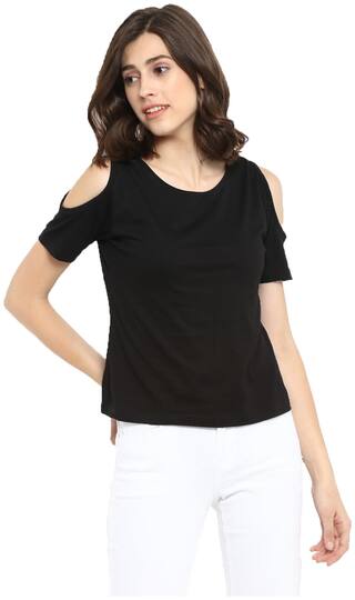Ap'pulse Women Black Regular fit Round neck Cotton T shirt