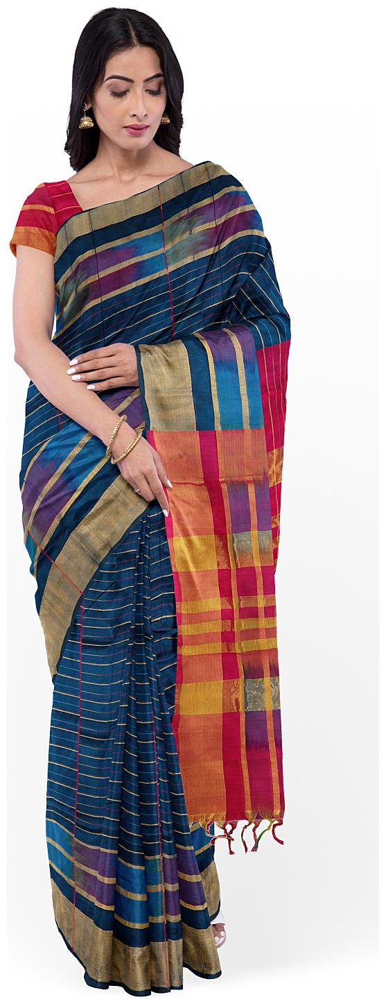 

APCO Cotton Blend Striped Blue Color Saree with Blouse