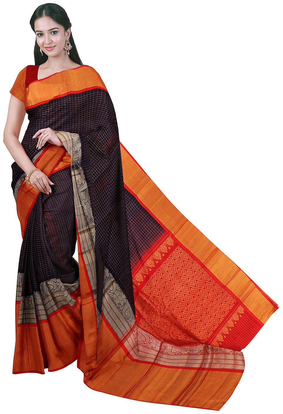 

APCO Cotton Blend Navy Blue Checkered Regular Saree For Women