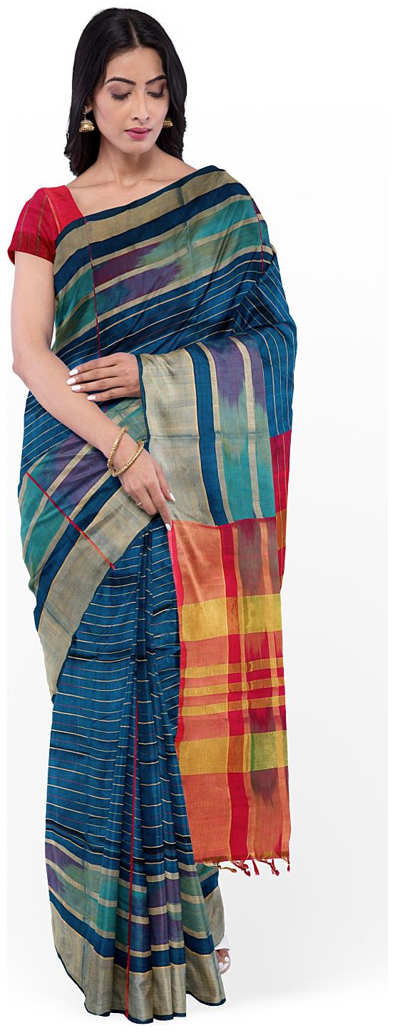 

APCO Cotton Blend Striped Blue Color Saree with Blouse