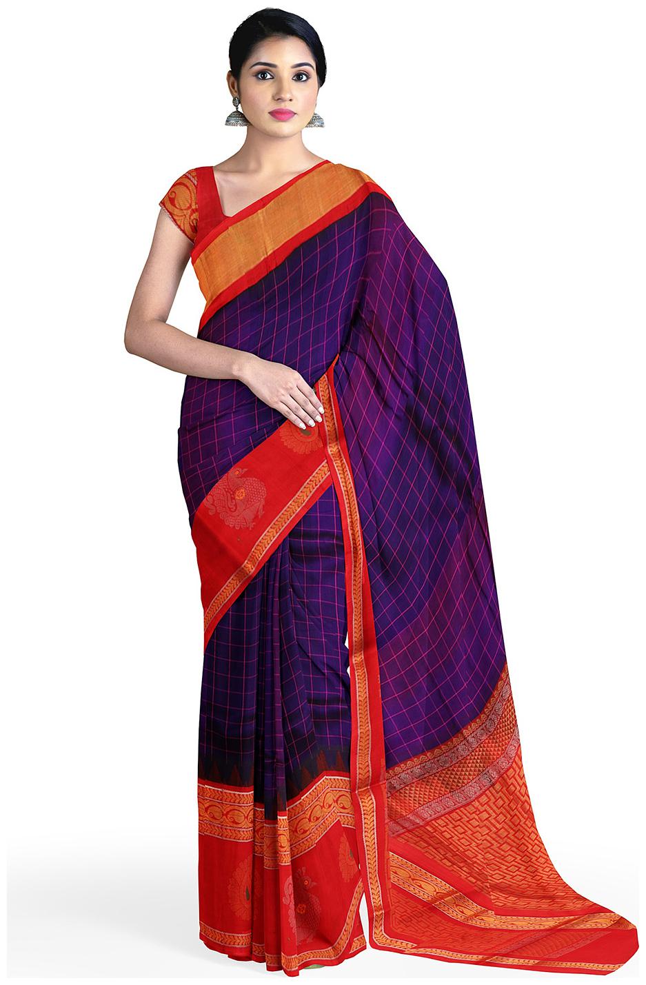 

APCO Cotton Blend Purple Checkered Regular Saree For Women