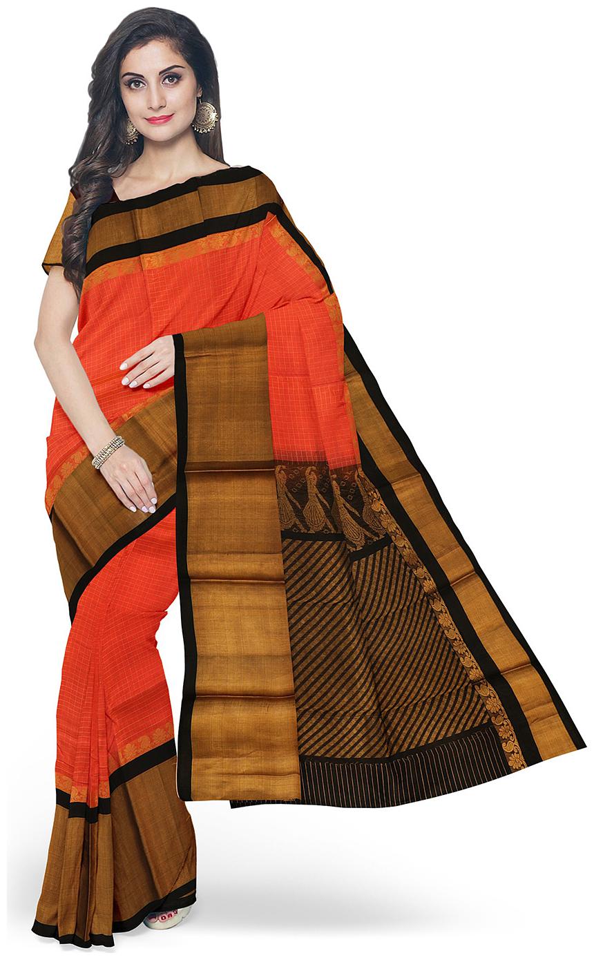

APCO Cotton Blend Orange Checkered Regular Saree For Women