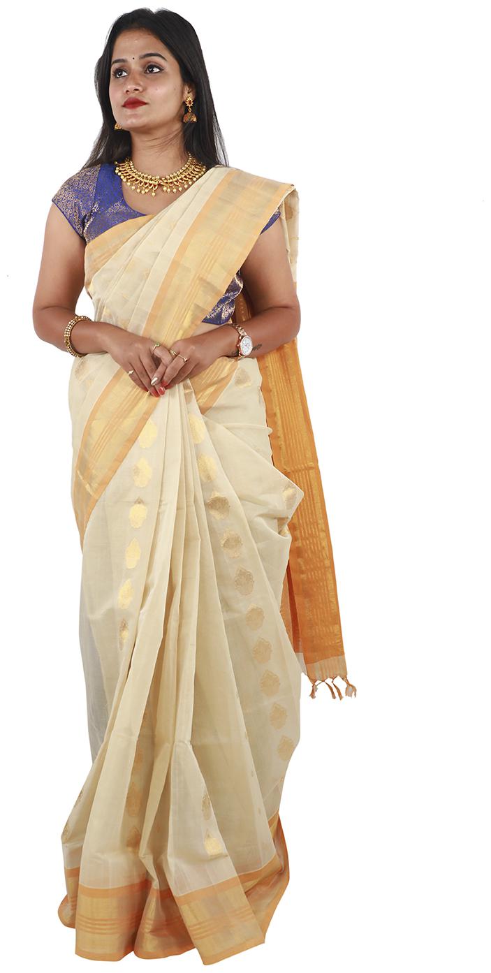 

APCO Cotton Blend Woven Cream Color Saree With Blouse