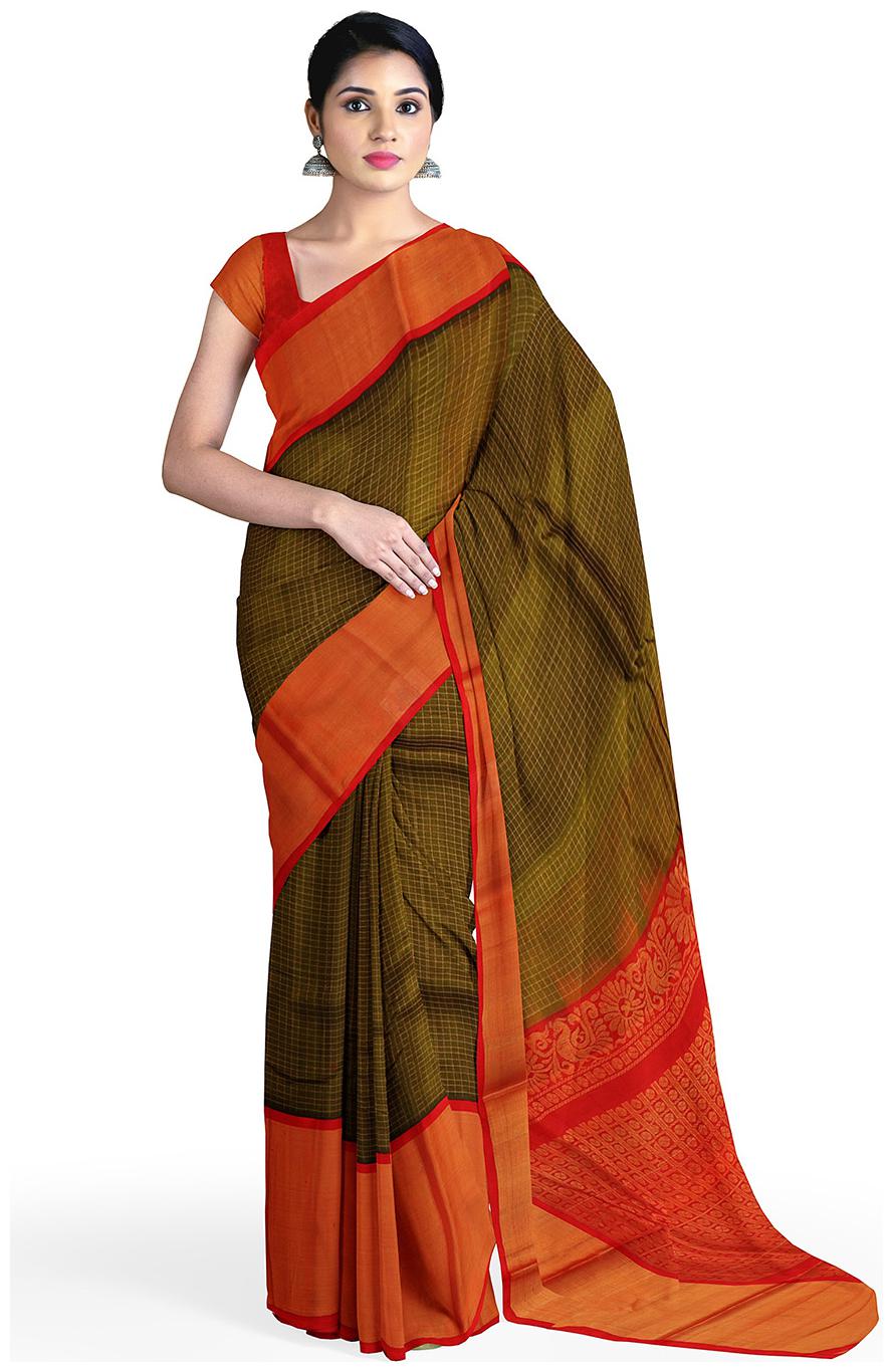 

APCO Cotton Blend Olive Checkered Regular Saree For Women