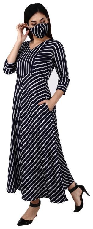 

Apella Women Viscose Rayon Striped A Line Dress (Navy Blue)