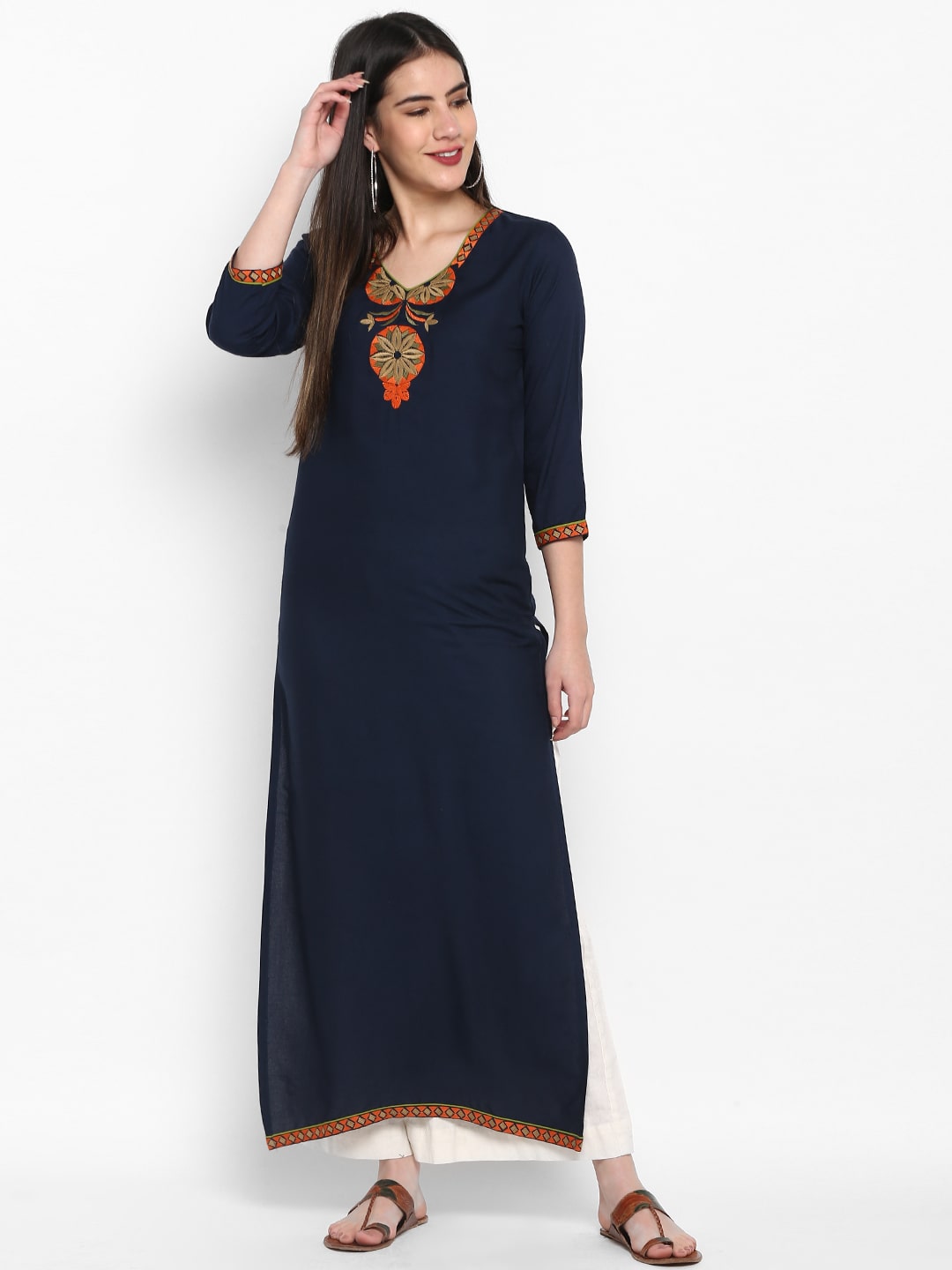 

Aprique Fab Women Blue Embroidered Straight Kurti