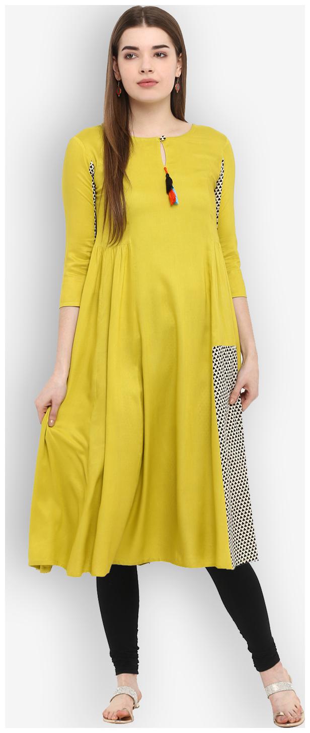 

Aprique FAB Jaipur Kurti Women Yellow Geometric Printed A-Line Rayon Kurta