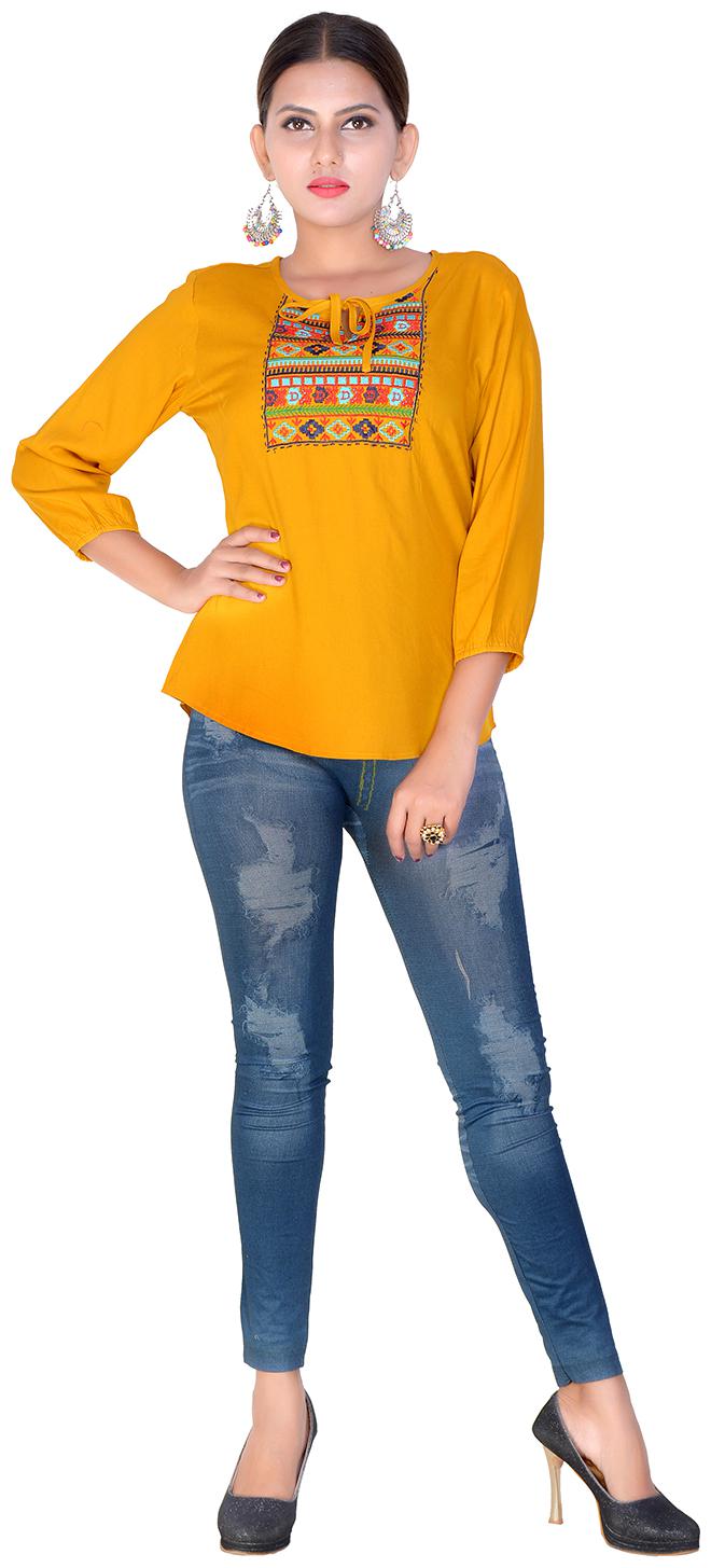 

Aprique Fab Women Embroidered Regular top - Yellow