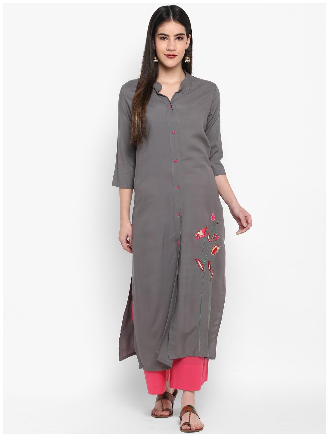 

Aprique Fab Women Grey Embroidered Straight Kurta