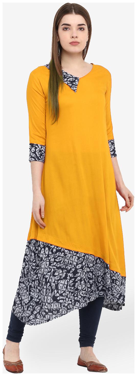 

Aprique FAB Jaipur Kurti Women Yellow Printed A-line Rayon Kurta