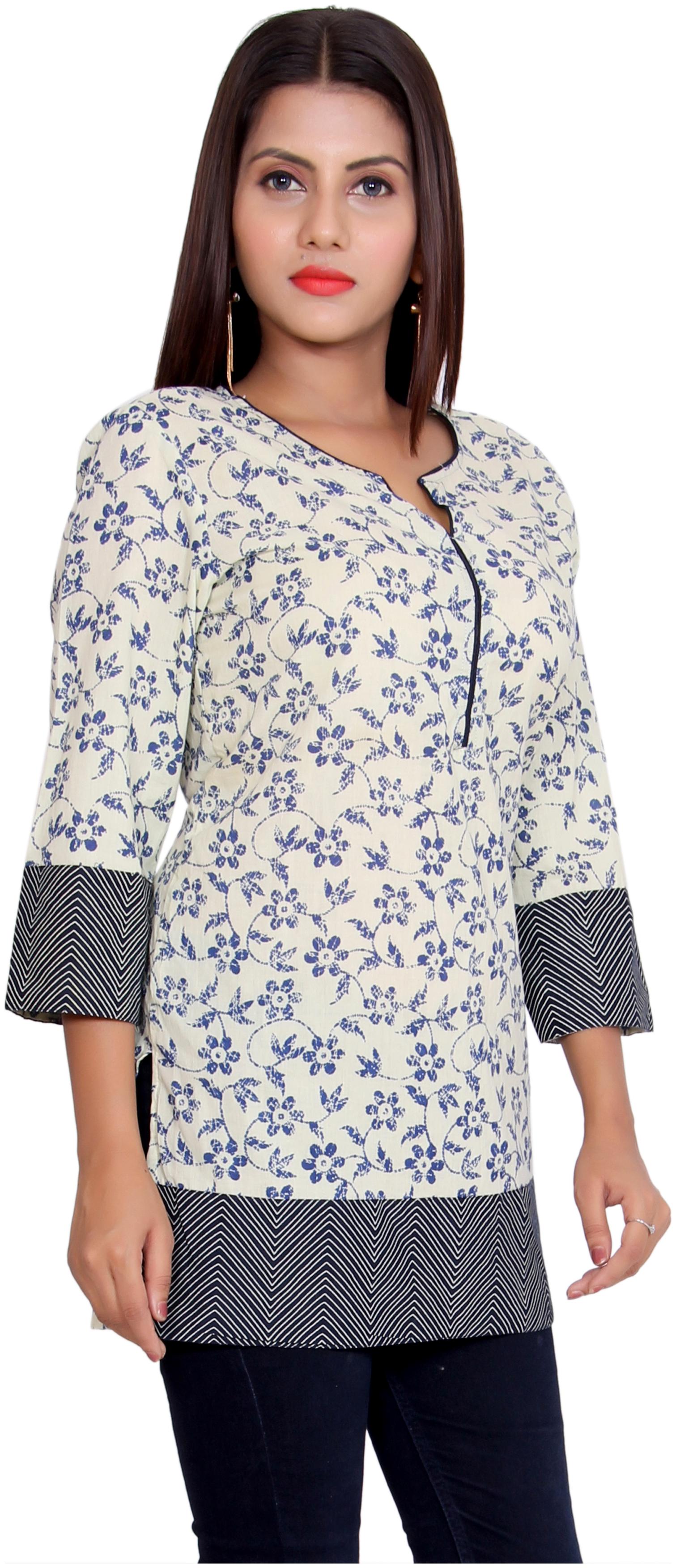 

Aprique FAB Jaipur Kurti Women Blue White Floral Print Straight Cotton Kurta