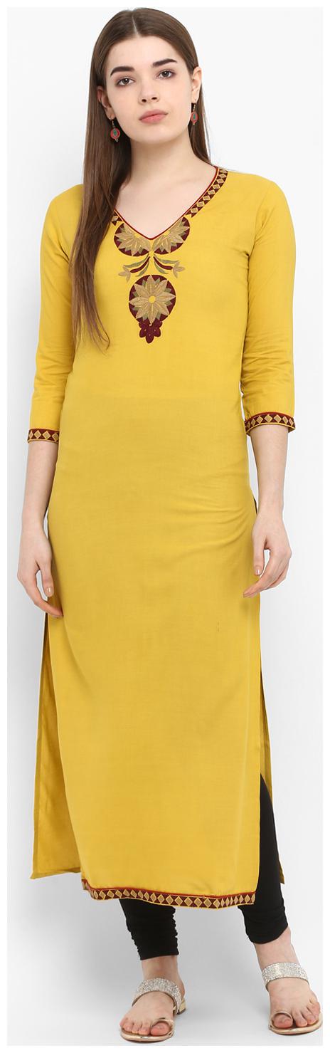 

Aprique Fab Women Yellow Embroidered Straight Kurta