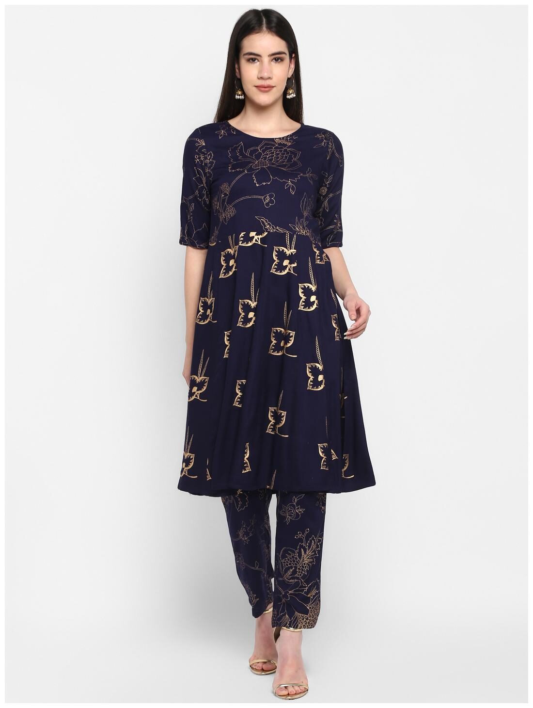 

Aprique Fab Rayon Half Sleeves Printed Kurta Kurti For Women Color Navy Blue