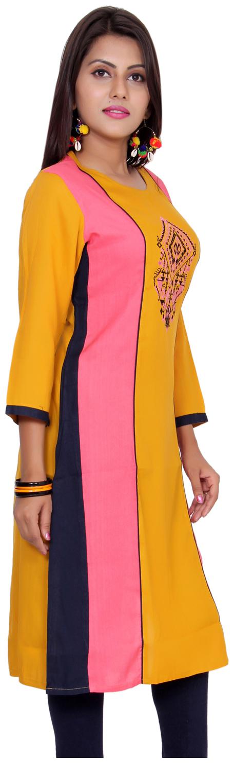 

Aprique Fab Women Yellow Embroidered Straight Kurti