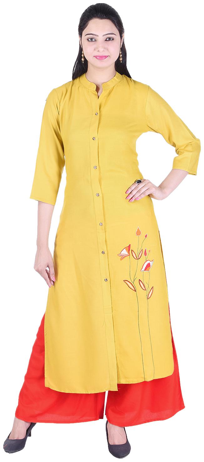 

Aprique Fab Women Yellow Embroidered Straight Kurti