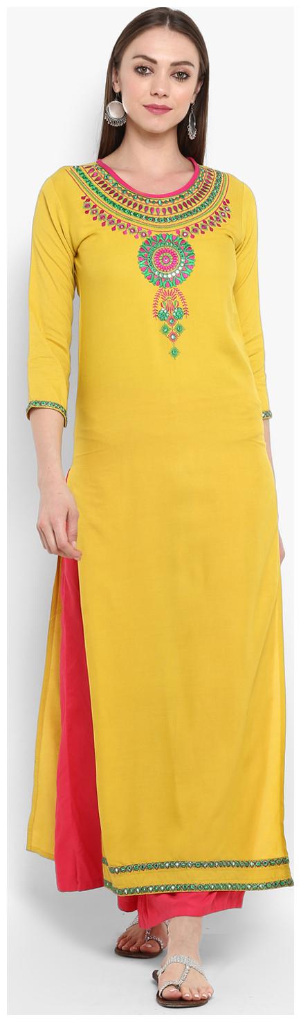 

Aprique FAB Embroidery Long Stitched Suits Yellow color