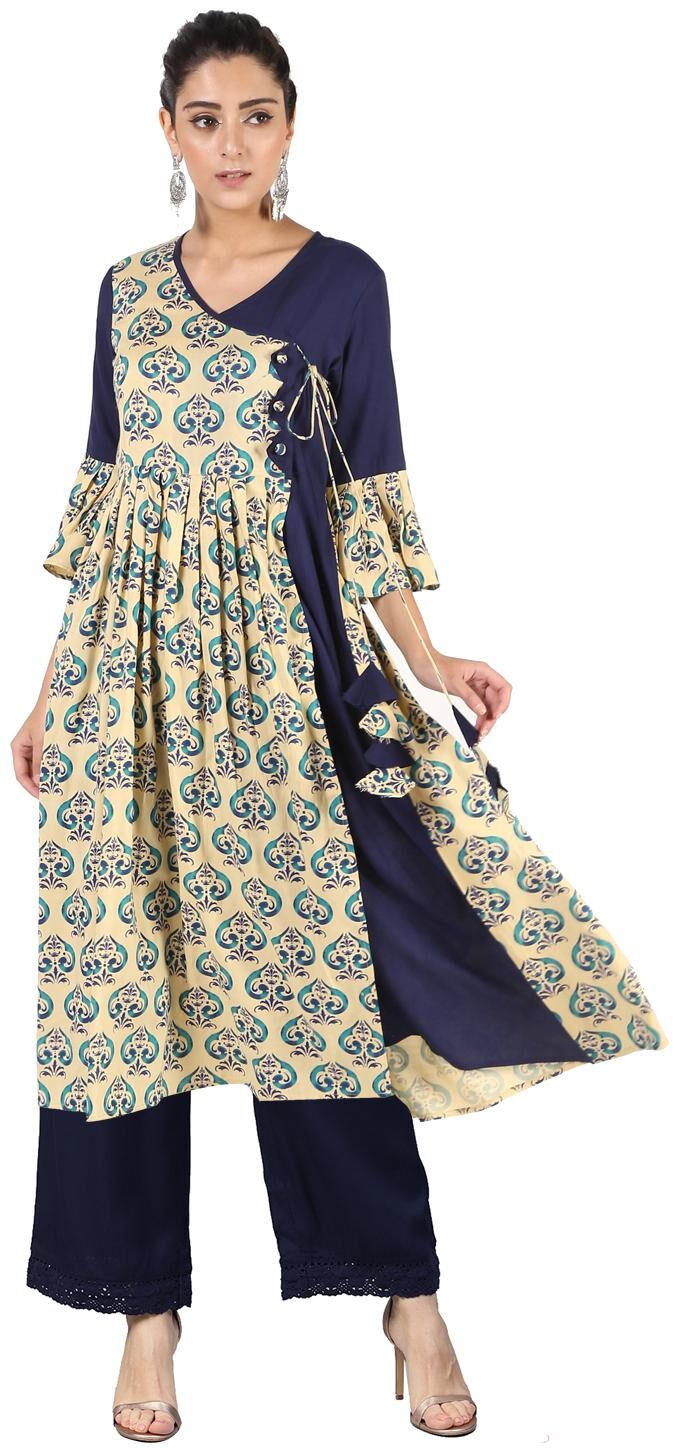 

Aprique Fab Women Beige Navy Blue Printed Angrakha Kurti