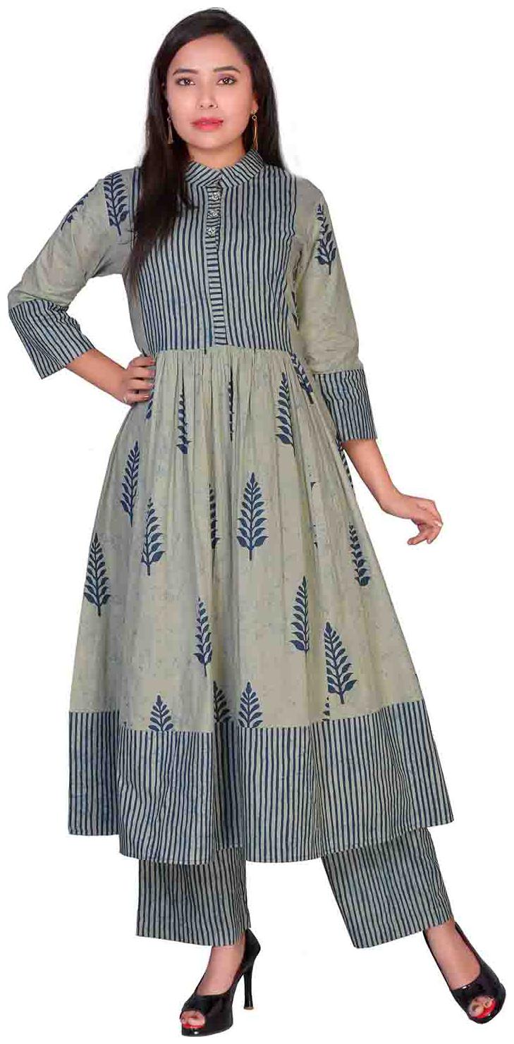 

Aprique FAB Womens Grey Floral Print A-Line Cotton Kurta Palazzo Set