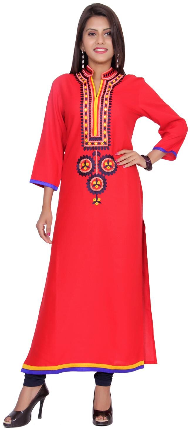 

Aprique Fab Women Red Embroidered Straight Kurti