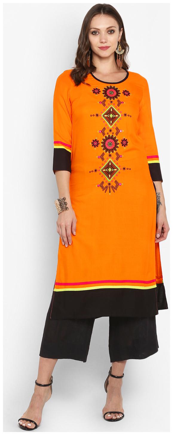 

Aprique Fab Women Orange Embroidered Straight Kurti