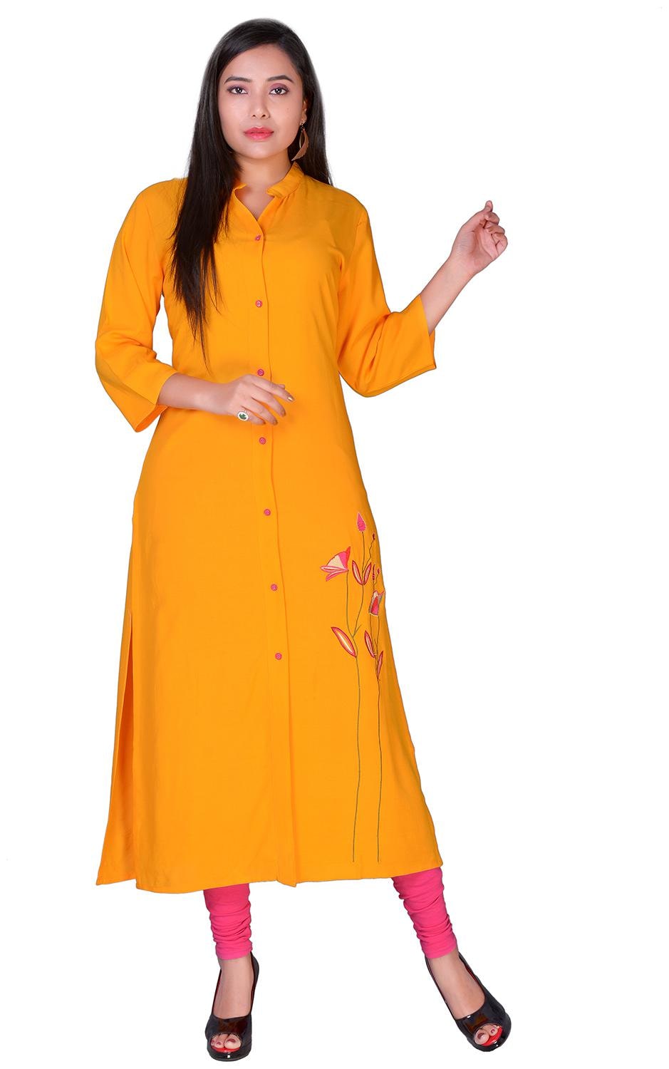 

Aprique Fab Women Yellow Embroidered Straight Kurti
