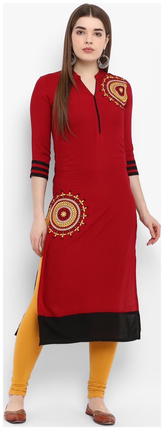 

Aprique Fab Women Red Embroidered Straight Kurti