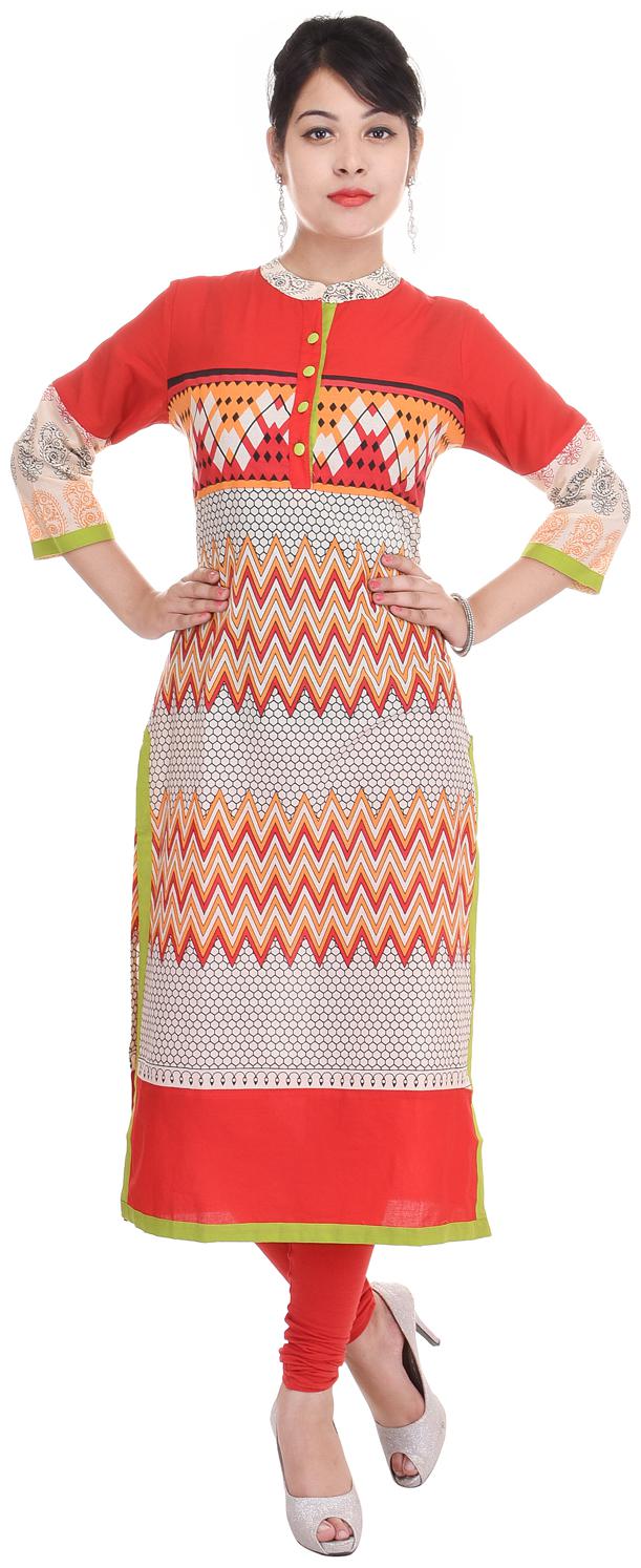 

Aprique FAB Jaipur Kurti Women Red Geometric Printed Straight Cotton Kurta