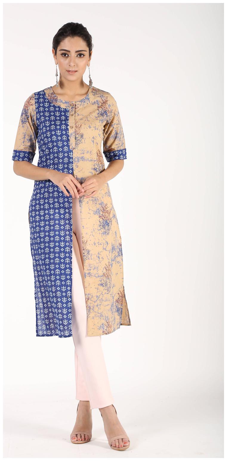 

Aprique FAB Women Beige Blue Printed Cotton Kurta
