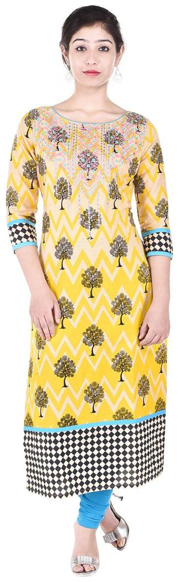 

Aprique FAB Jaipur Kurti Women Yellow Printed Straight Cotton Kurta