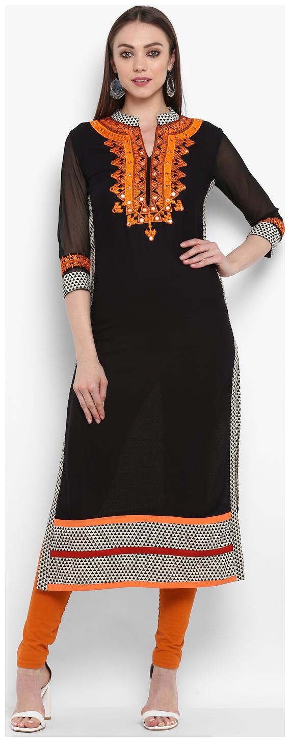 

Aprique Fab Women Black Embroidered Straight Kurta