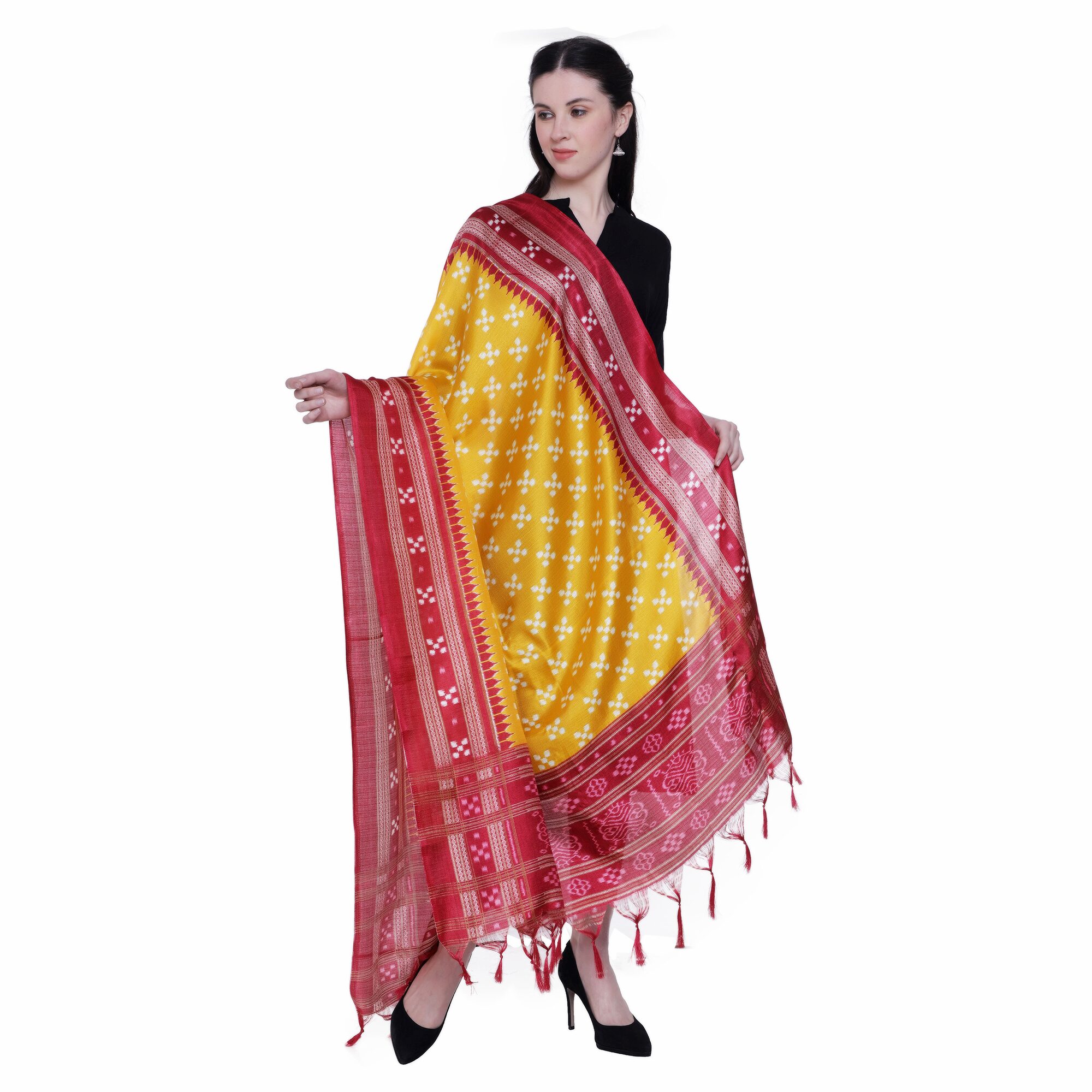

AROOPA Women Silk Printed Yellow Red Dupatta