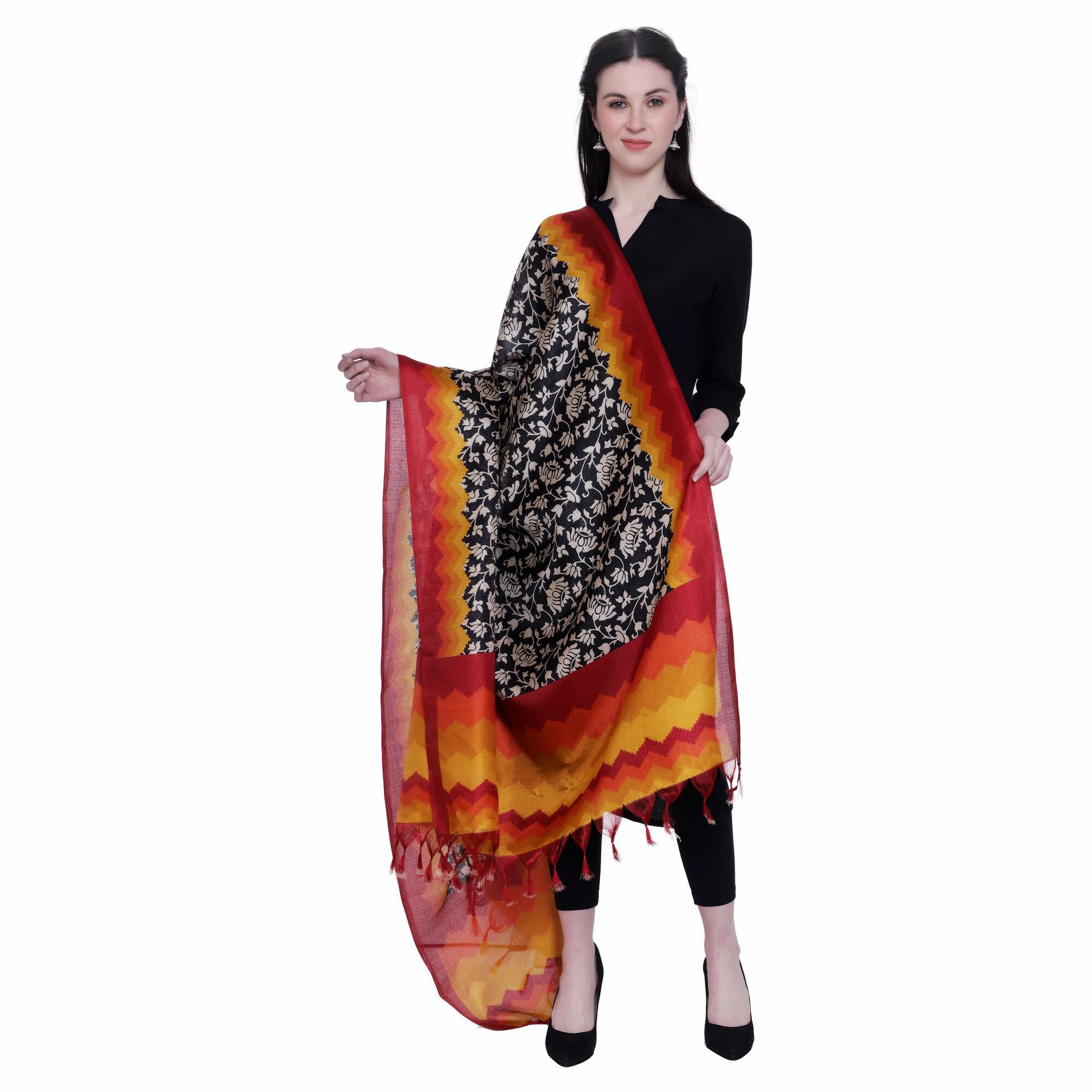 

AROOPA Women Silk Floral Black Red Dupatta