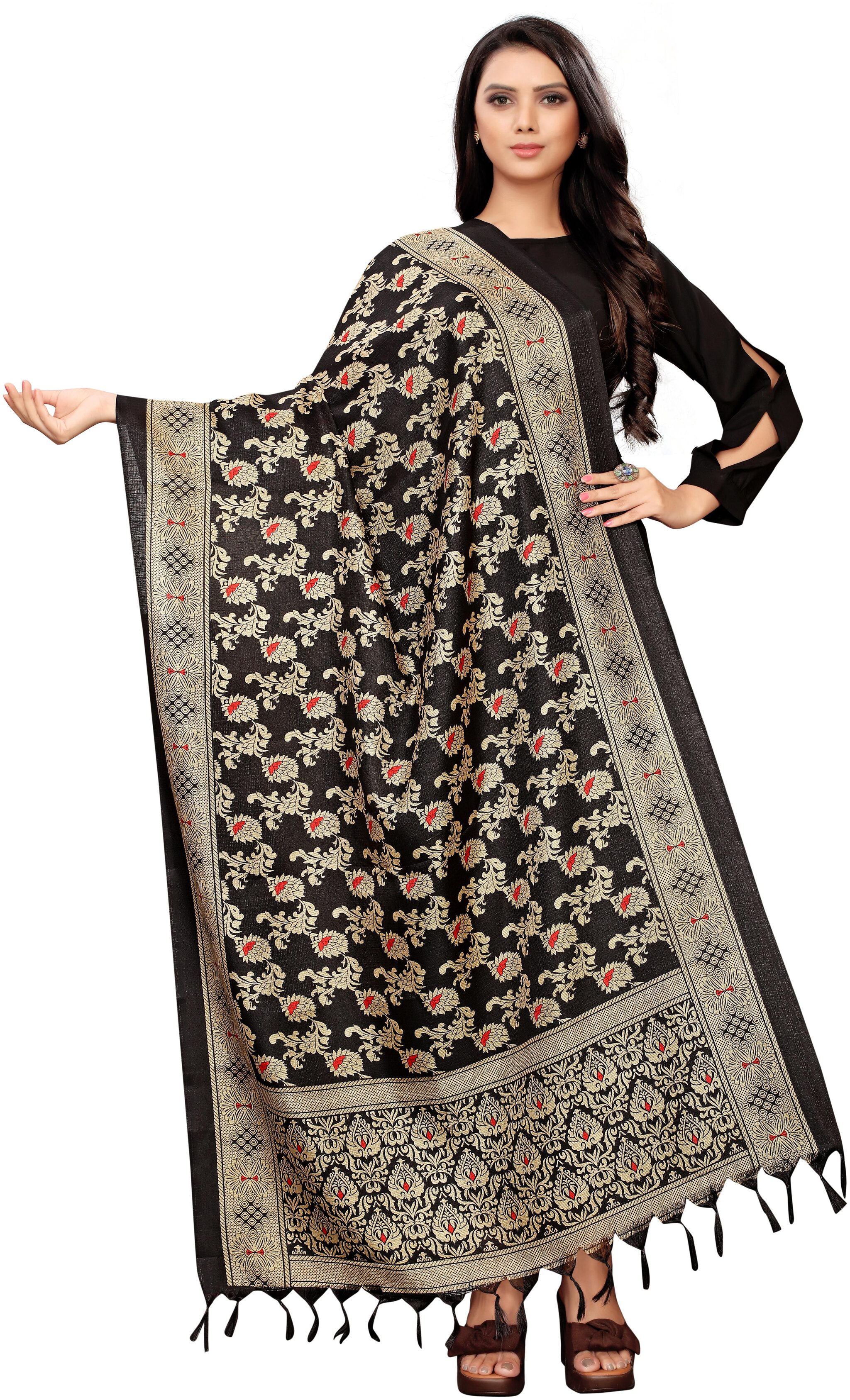 

AROOPA Women Silk Floral Black Dupatta