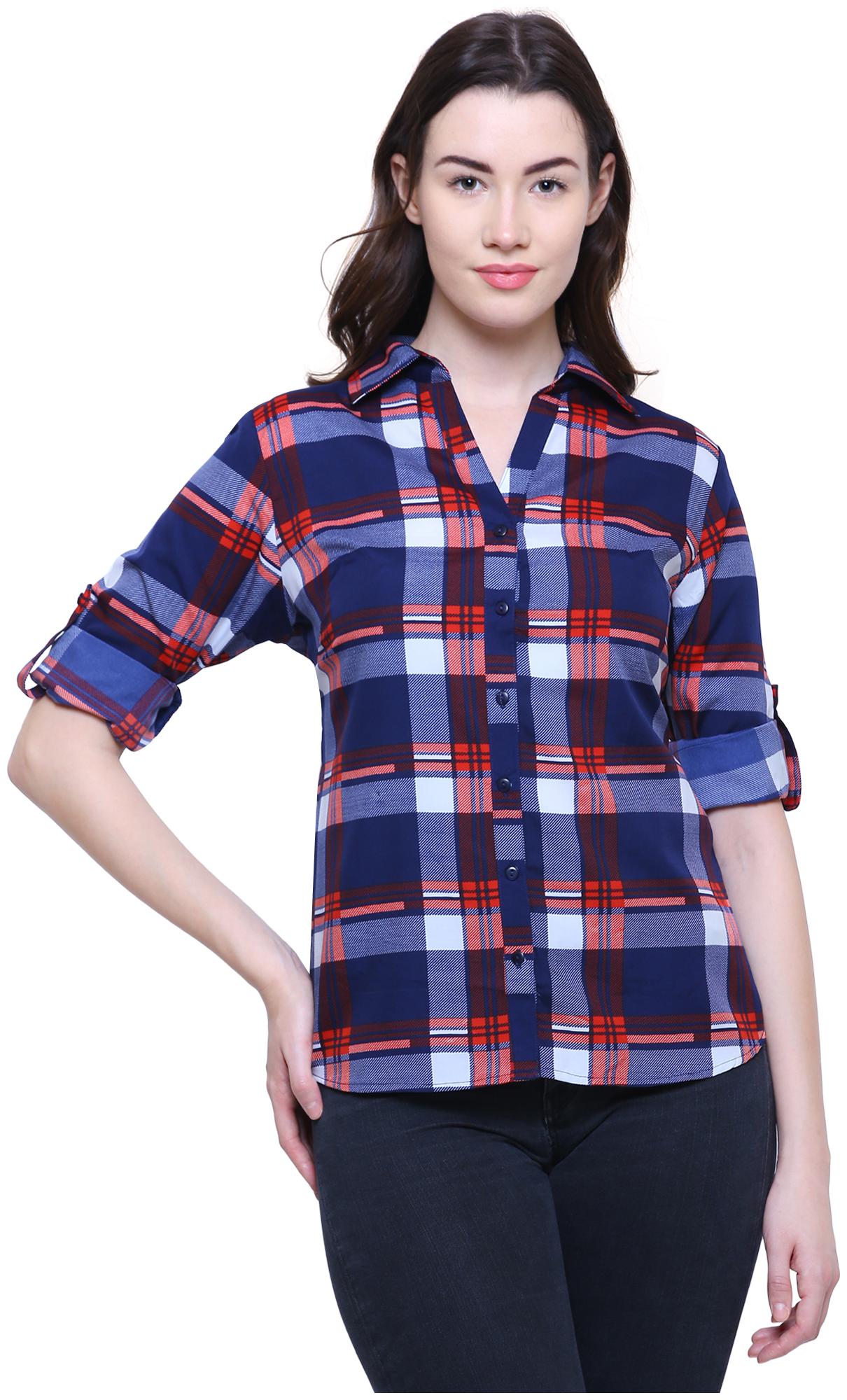

Arovi Women Blue Checked Regular Fit Shirt