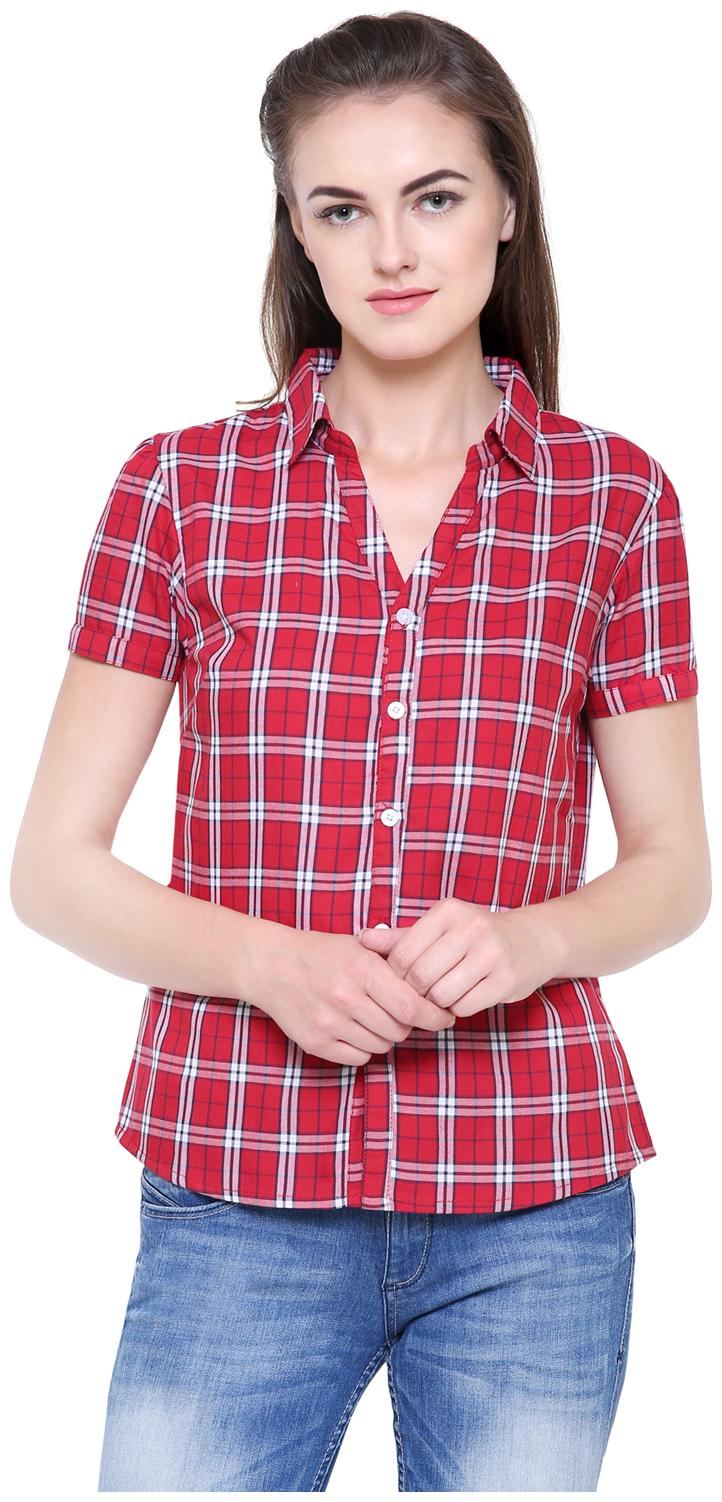 

Arovi Women Red Checked Regular Fit Shirt