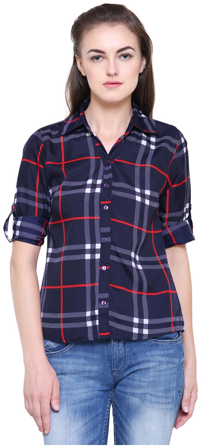 

Arovi Women Blue Checked Regular Fit Shirt