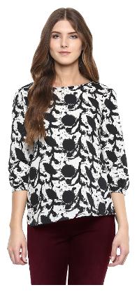 

Arovi Womens White Black Printed Polyester Top