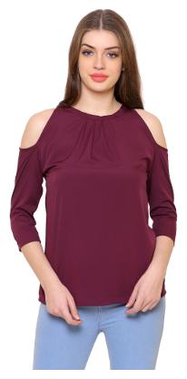 

Arovi Womens Light Maroon Cold Shoulder Crepe Top
