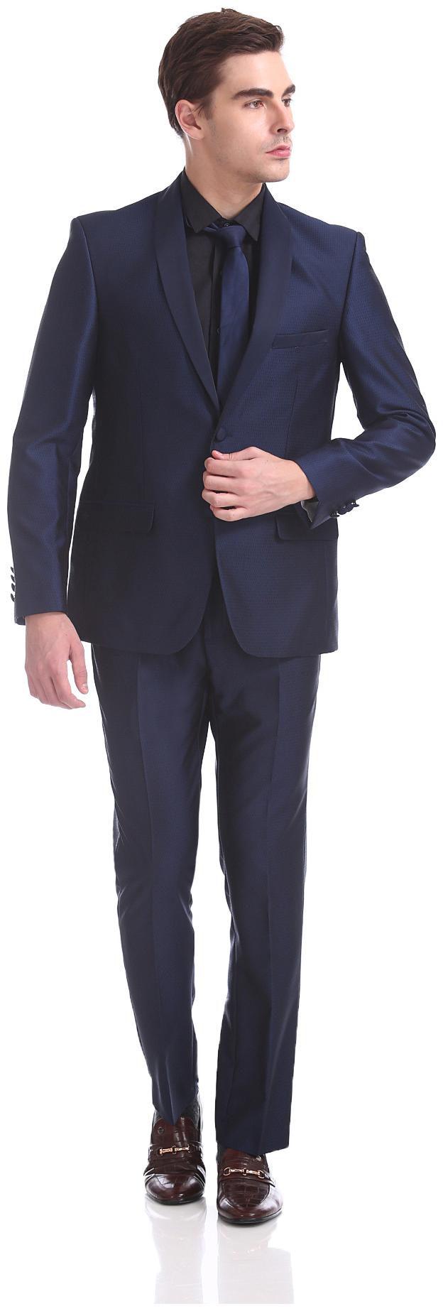 

Arrow Blue Blended Textured Shawl Collar Patterned Suit