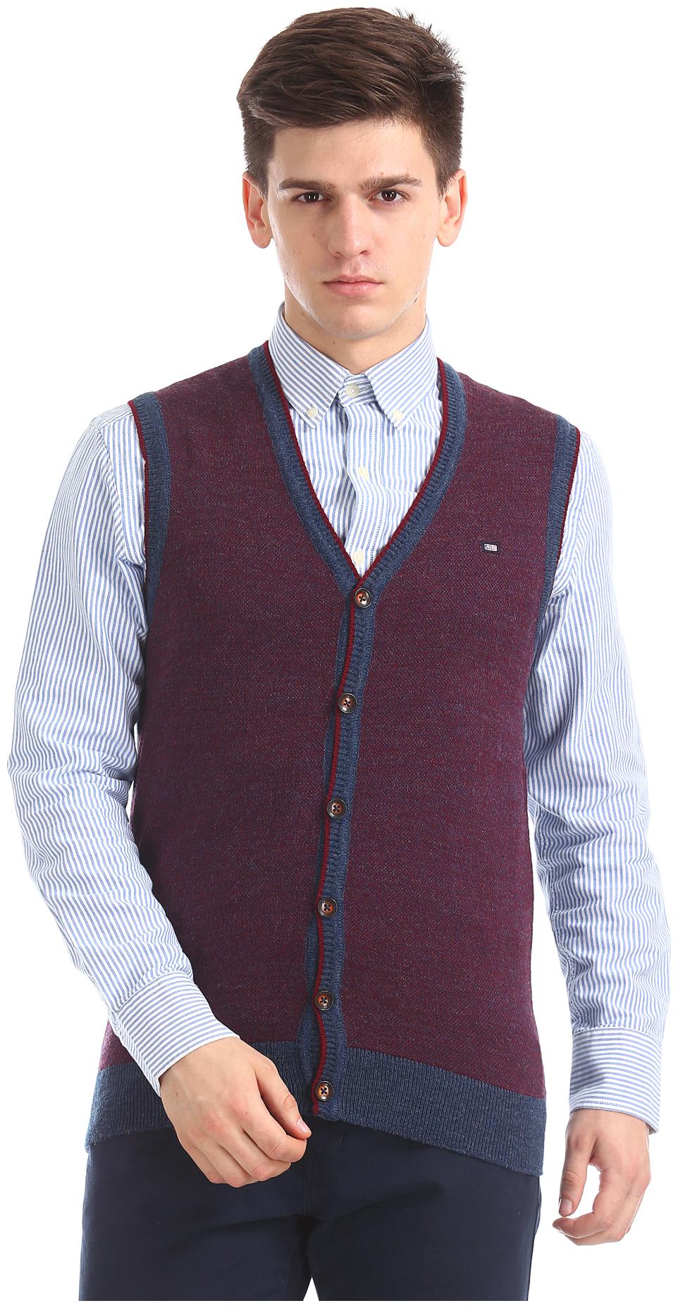 

Arrow Men Maroon Blue V neck Cardigan