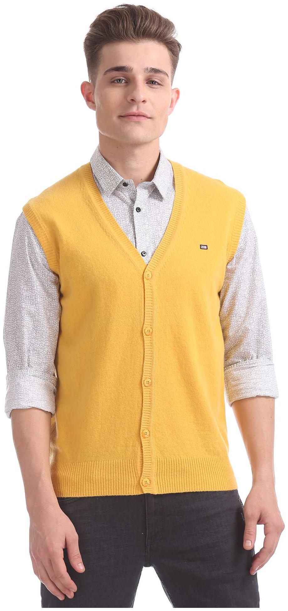 

Arrow Men Yellow V neck Cardigan