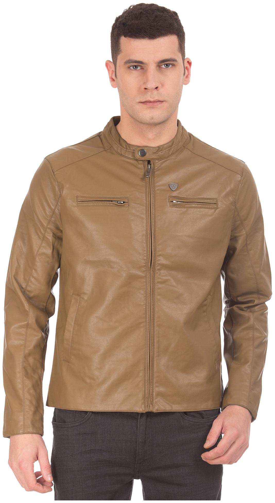 

Arrow Men Brown Solid Biker jacket